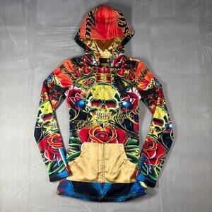 NWT Christian Audigier Ed Hardy Womens XS Skull Rose Hooded Pullover Hoodie Y2K